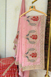 Pink Chiffon Shimmer Saree with Peacock Motif Embroidered Butta